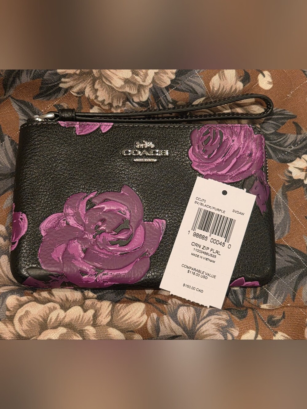 Coach Black Leather Wristlet with Purple Floral Accents NEW